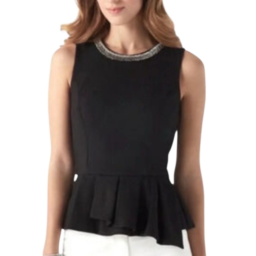White House Black Market Black Peplum Top with Beaded Collar Sz 10